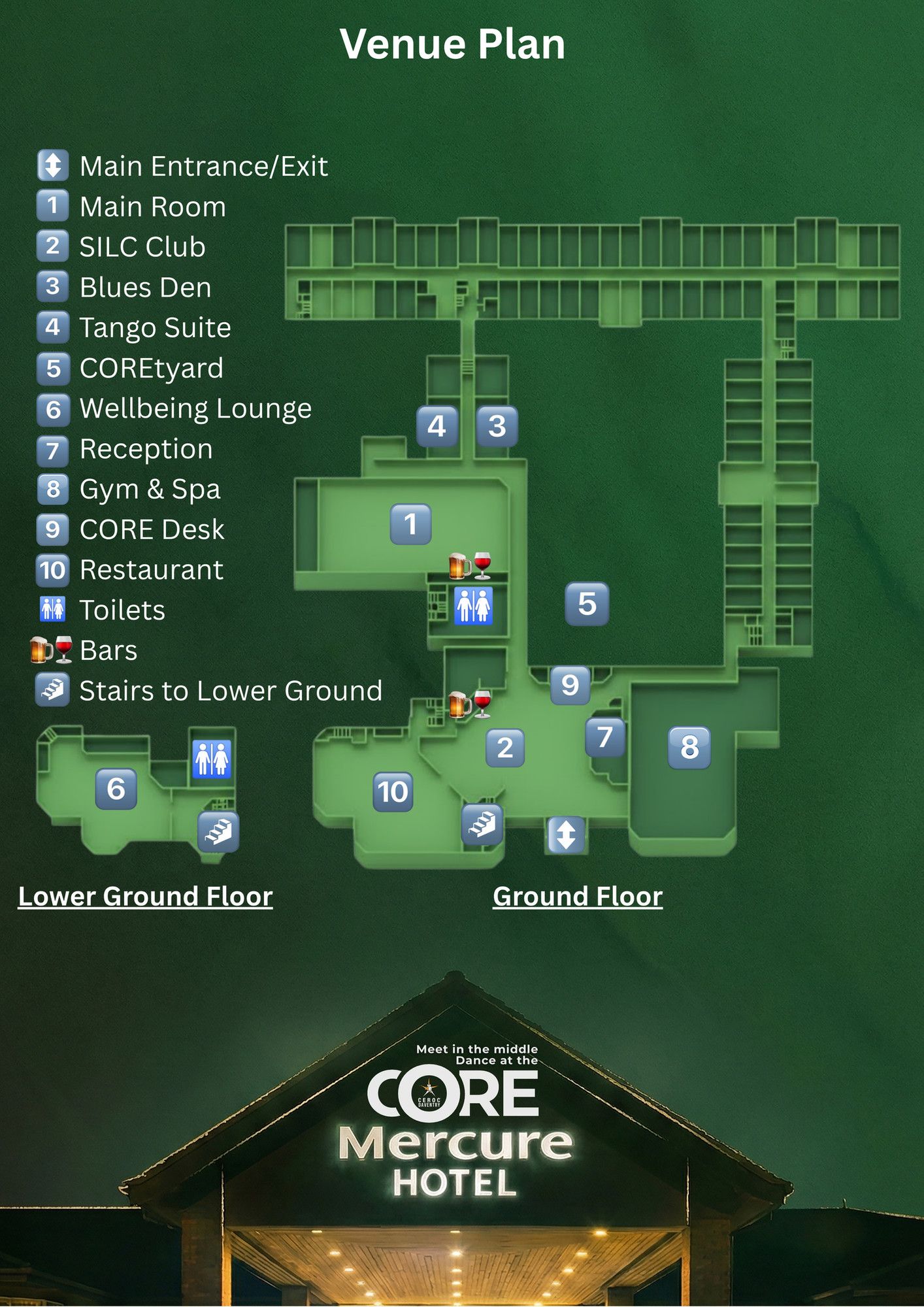 Venue plan showing the dance rooms at the Mercure Daventry Court Hotel